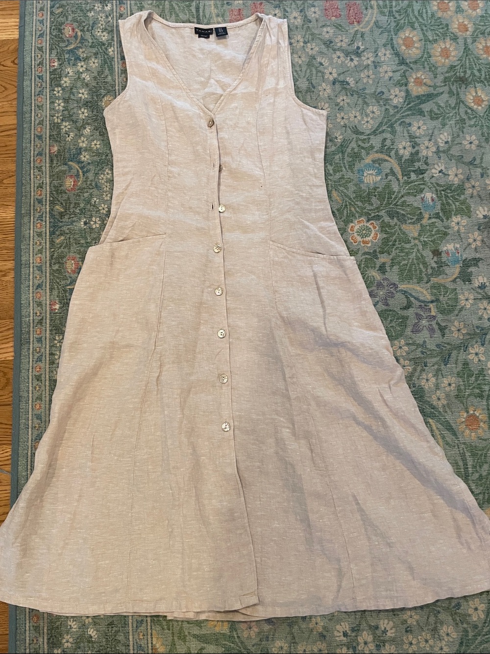 Tahari Sleeveless Button-Front Midi Dress in Light Beige 100% Linen